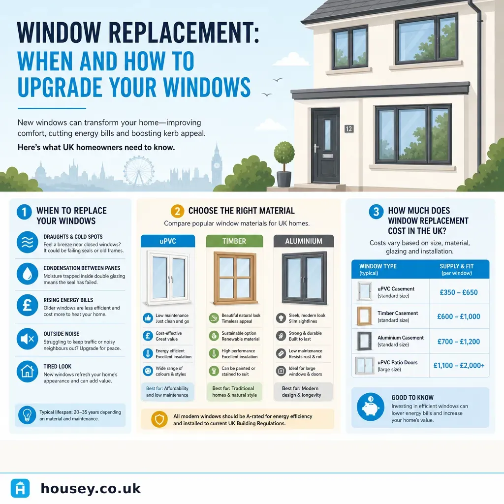 Infographic illustrating: Window Replacement: When and How to Upgrade Your Windows