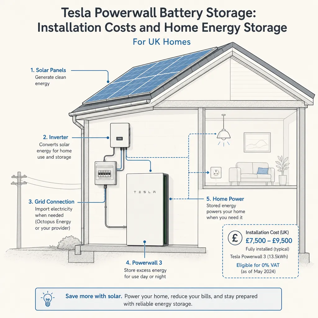 Diagram illustrating: Tesla Powerwall Battery Storage: Installation Costs and Home Energy Storage