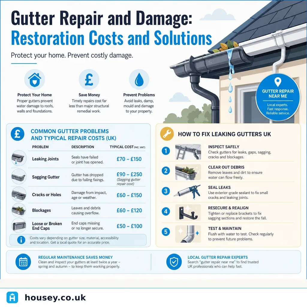Infographic illustrating: Gutter Repair and Damage: Restoration Costs and Solutions