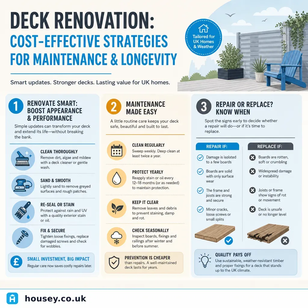 Infographic illustrating: Deck renovation: cost-effective strategies for maintenance and longevity