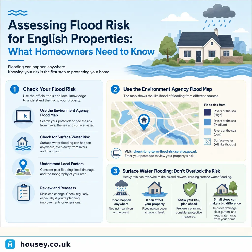 Infographic illustrating: Assessing Flood Risk for English Properties: What Homeowners Need to Know