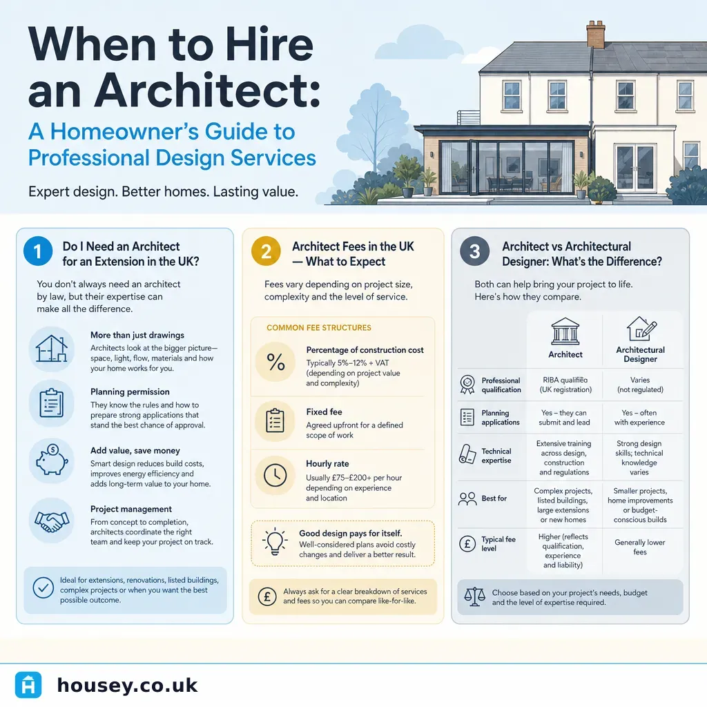 Infographic illustrating: When to Hire an Architect: A Homeowner's Guide to Professional Design Services