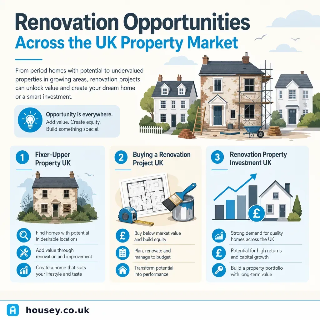 Infographic illustrating: Renovation Opportunities Across the UK Property Market