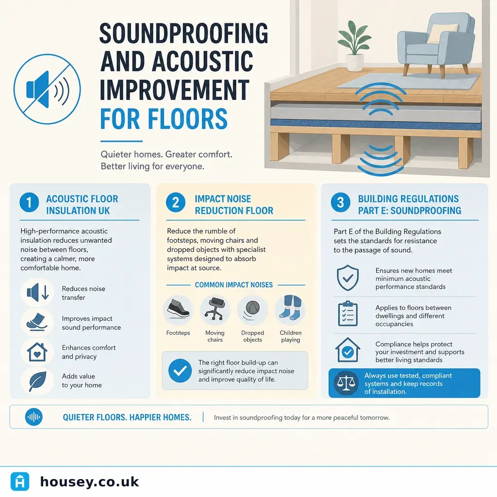 Infographic illustrating: Soundproofing and Acoustic Improvement for Floors
