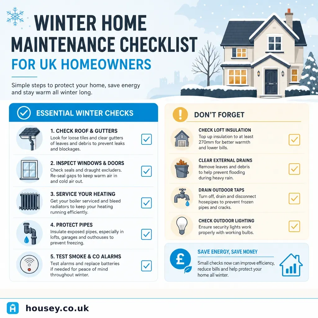 Infographic illustrating: Winter home maintenance checklist for UK homeowners