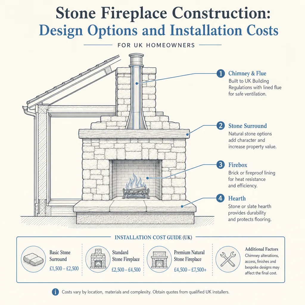 Diagram illustrating: Stone Fireplace Construction: Design Options and Installation Costs