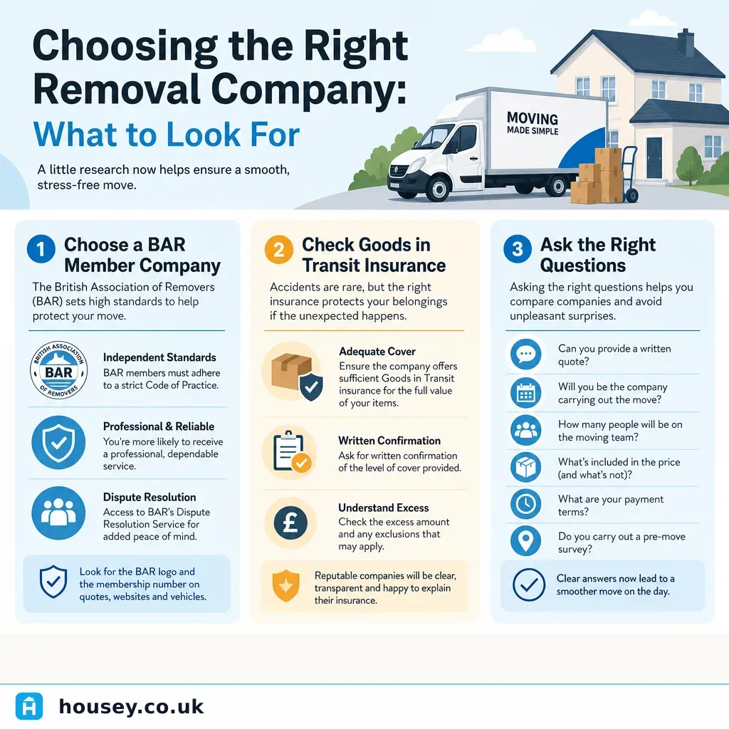 Infographic illustrating: Choosing the Right Removal Company: What to Look For