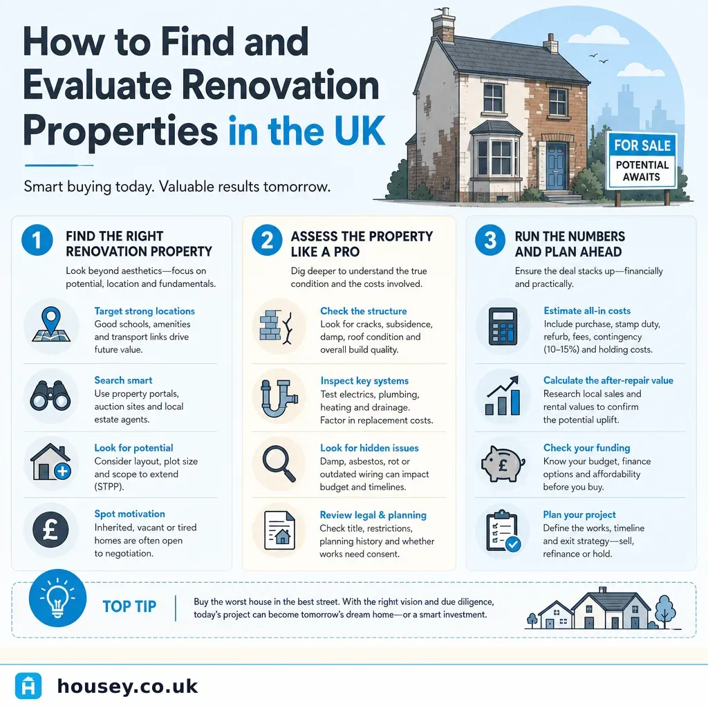 Infographic illustrating: How to Find and Evaluate Renovation Properties in the UK