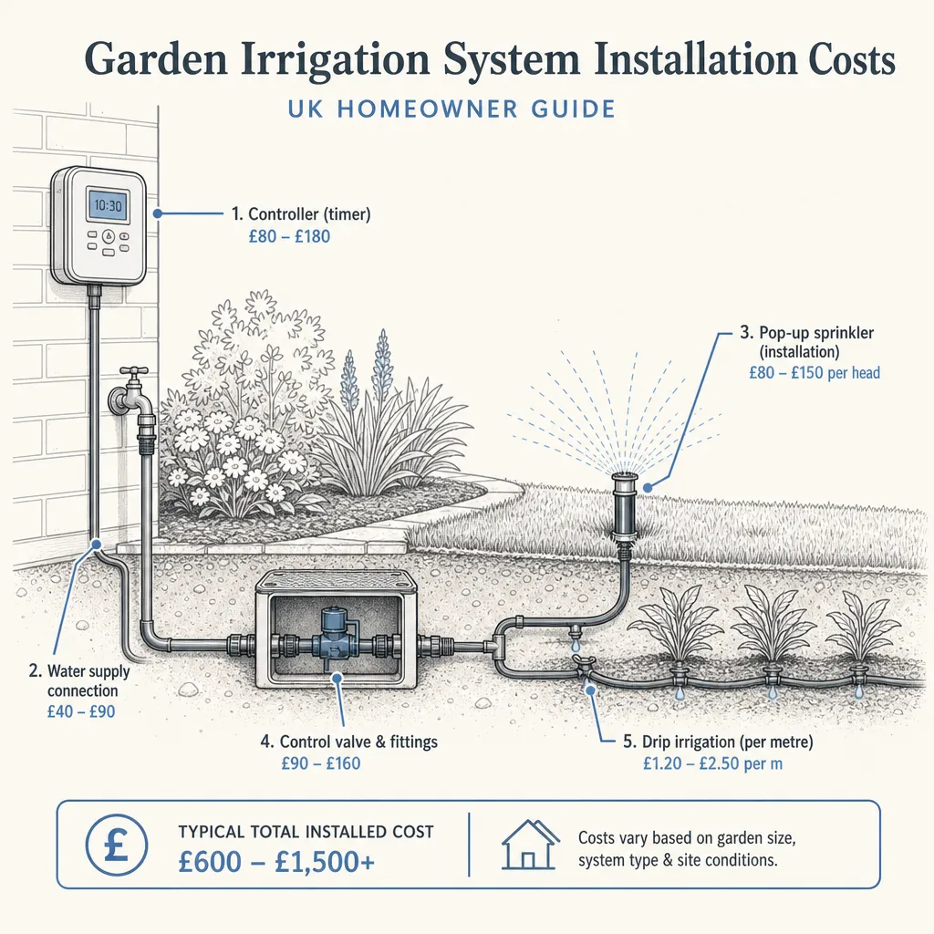 Diagram illustrating: Garden Irrigation System Installation Costs