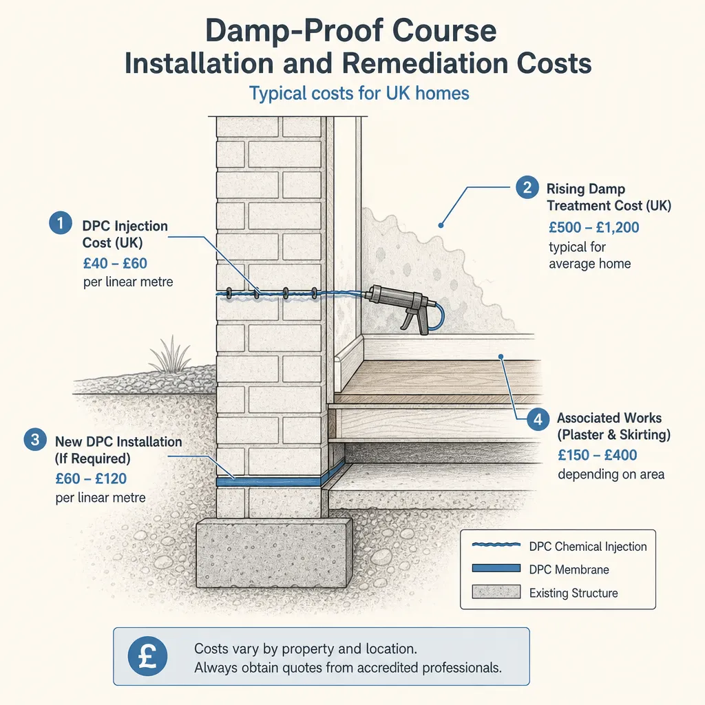 Diagram illustrating: Damp-Proof Course Installation and Remediation Costs