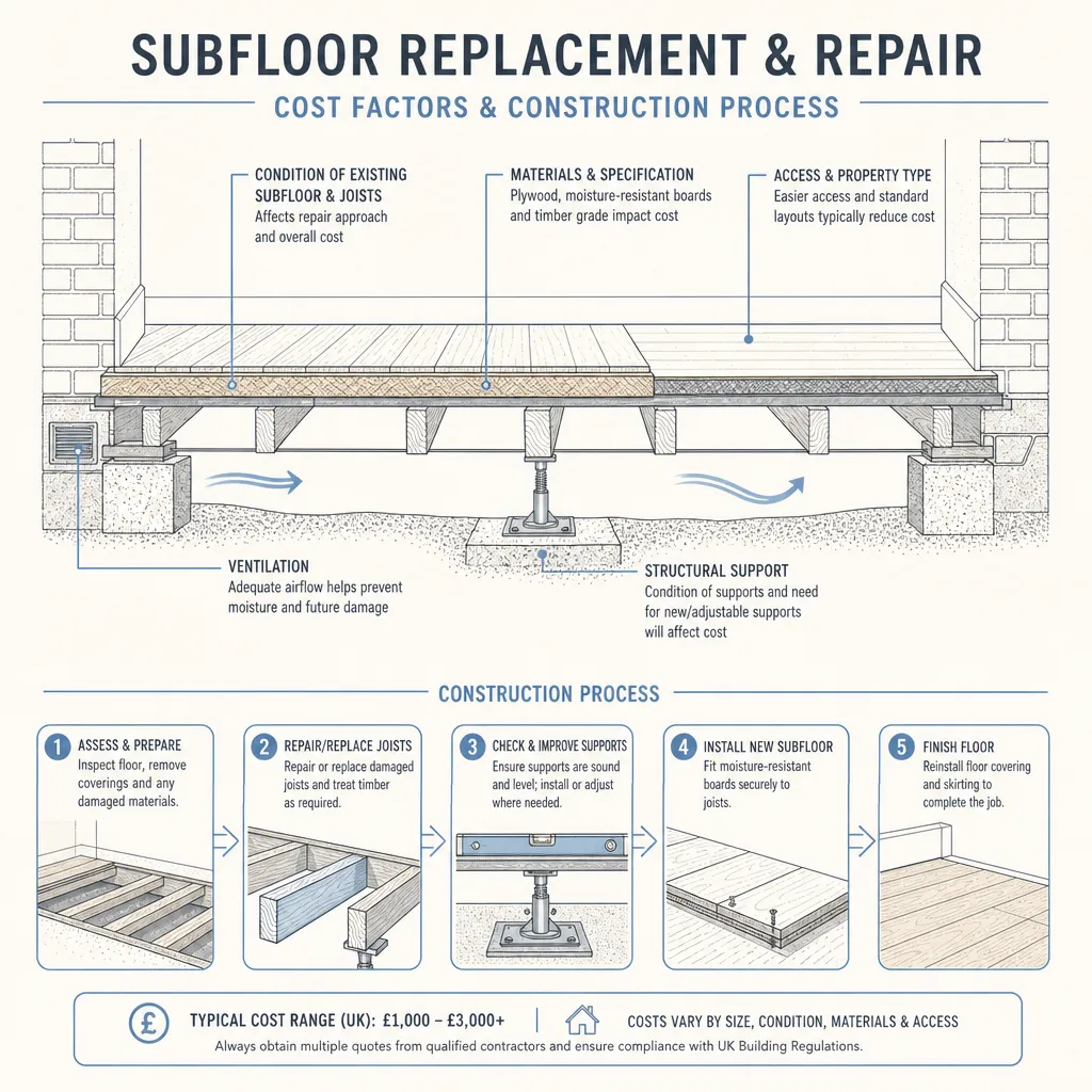 Diagram illustrating: Subfloor Replacement and Repair: Cost Factors and Construction Process