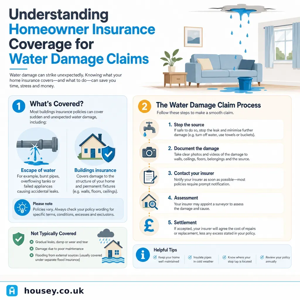 Infographic illustrating: Understanding Homeowner Insurance Coverage for Water Damage Claims