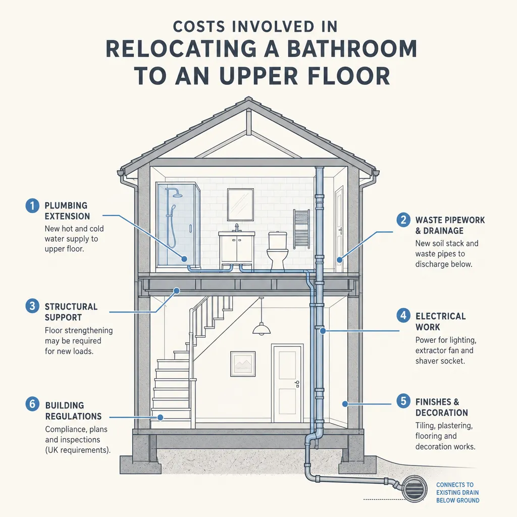 Diagram illustrating: Costs Involved in Relocating a Bathroom to an Upper Floor