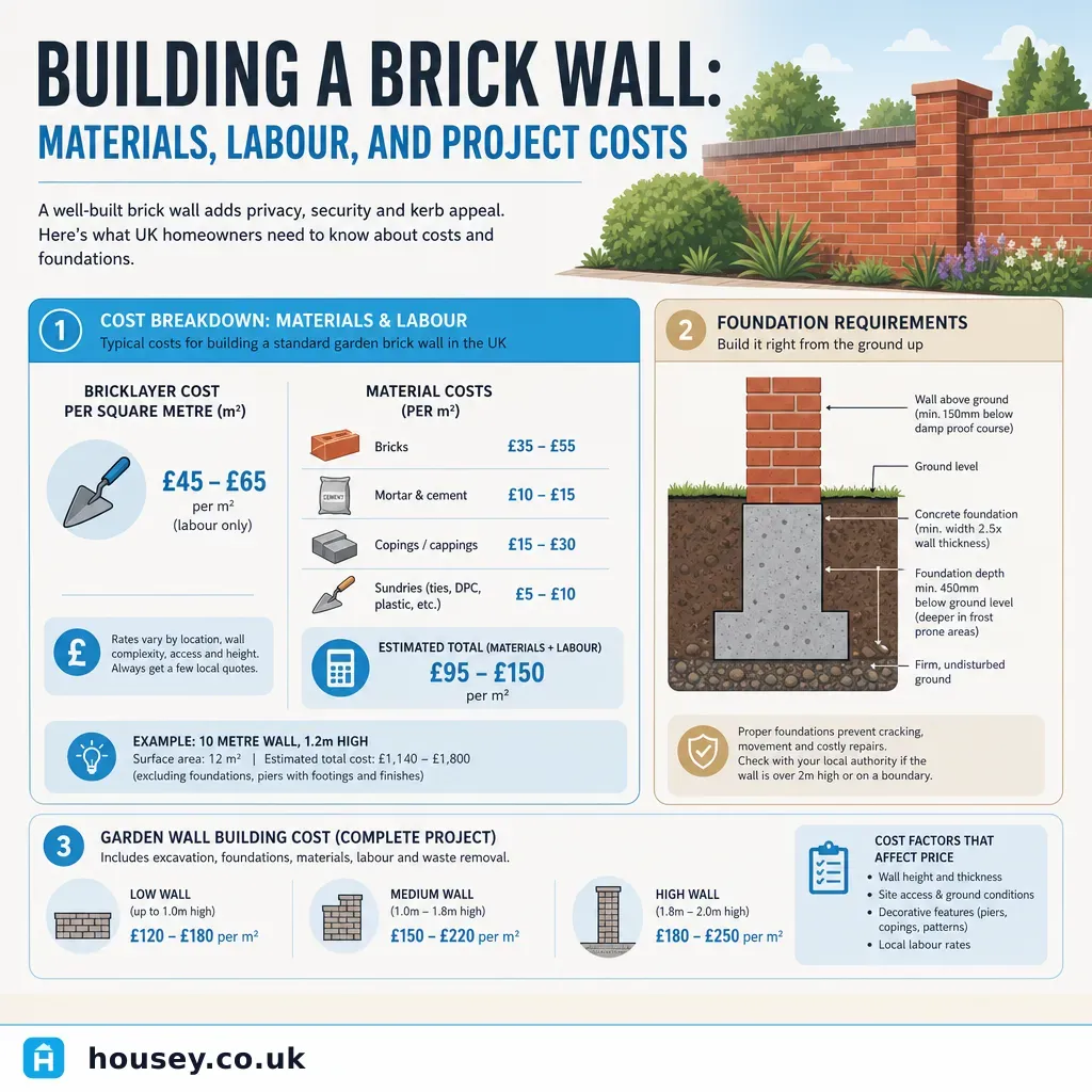 Infographic illustrating: Building a Brick Wall: Materials, Labour, and Project Costs