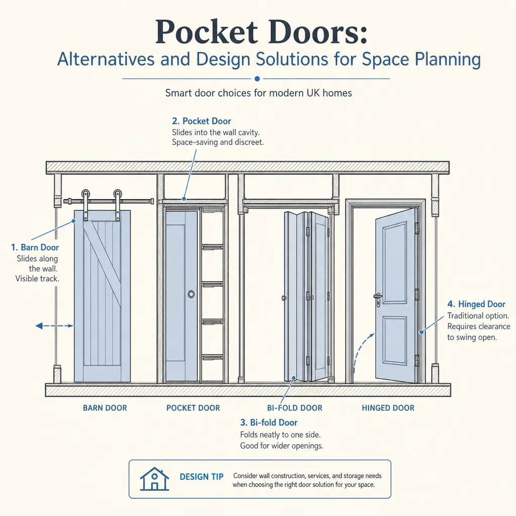 Diagram illustrating: Pocket Doors: Alternatives and Design Solutions for Space Planning