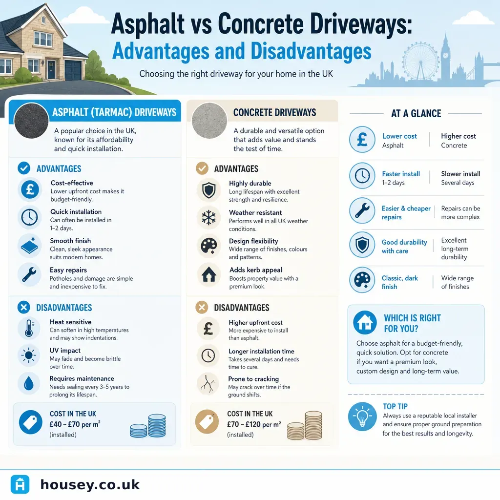 Infographic illustrating: Asphalt vs Concrete Driveways: Advantages and Disadvantages