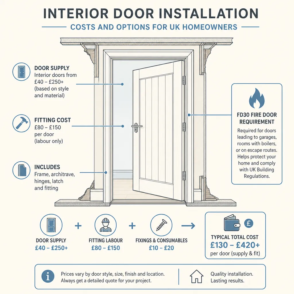 Diagram illustrating: Interior Door Installation Costs and Options