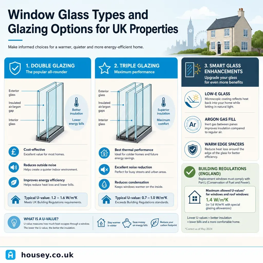 Infographic illustrating: Window Glass Types and Glazing Options for UK Properties