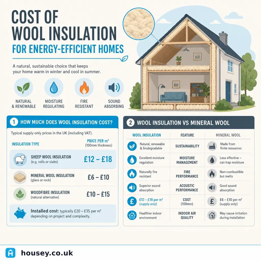 Infographic illustrating: Cost of Wool Insulation for Energy-Efficient Homes