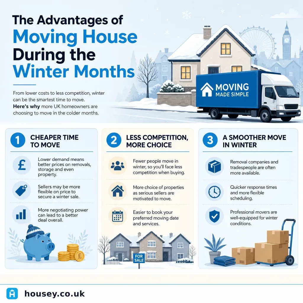 Infographic illustrating: The Advantages of Moving House During the Winter Months