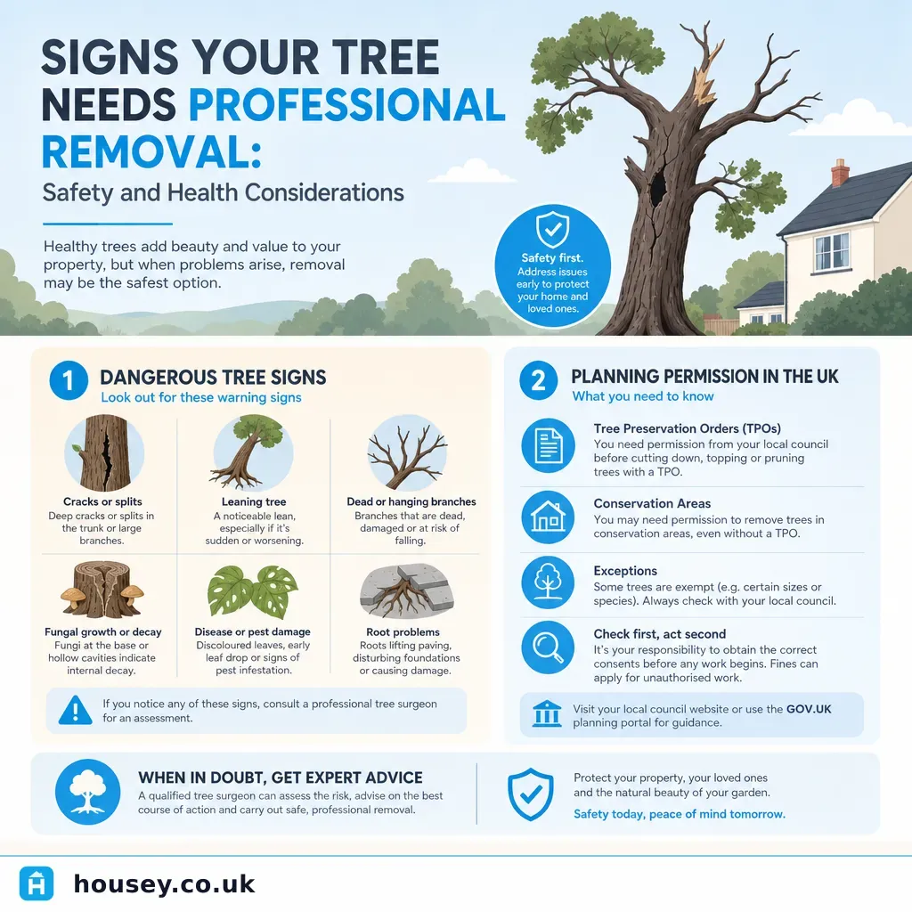Infographic illustrating: Signs Your Tree Needs Professional Removal: Safety and Health Considerations