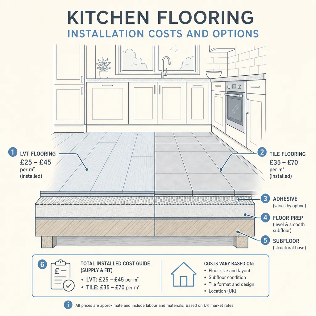 Diagram illustrating: Kitchen Flooring Installation Costs and Options