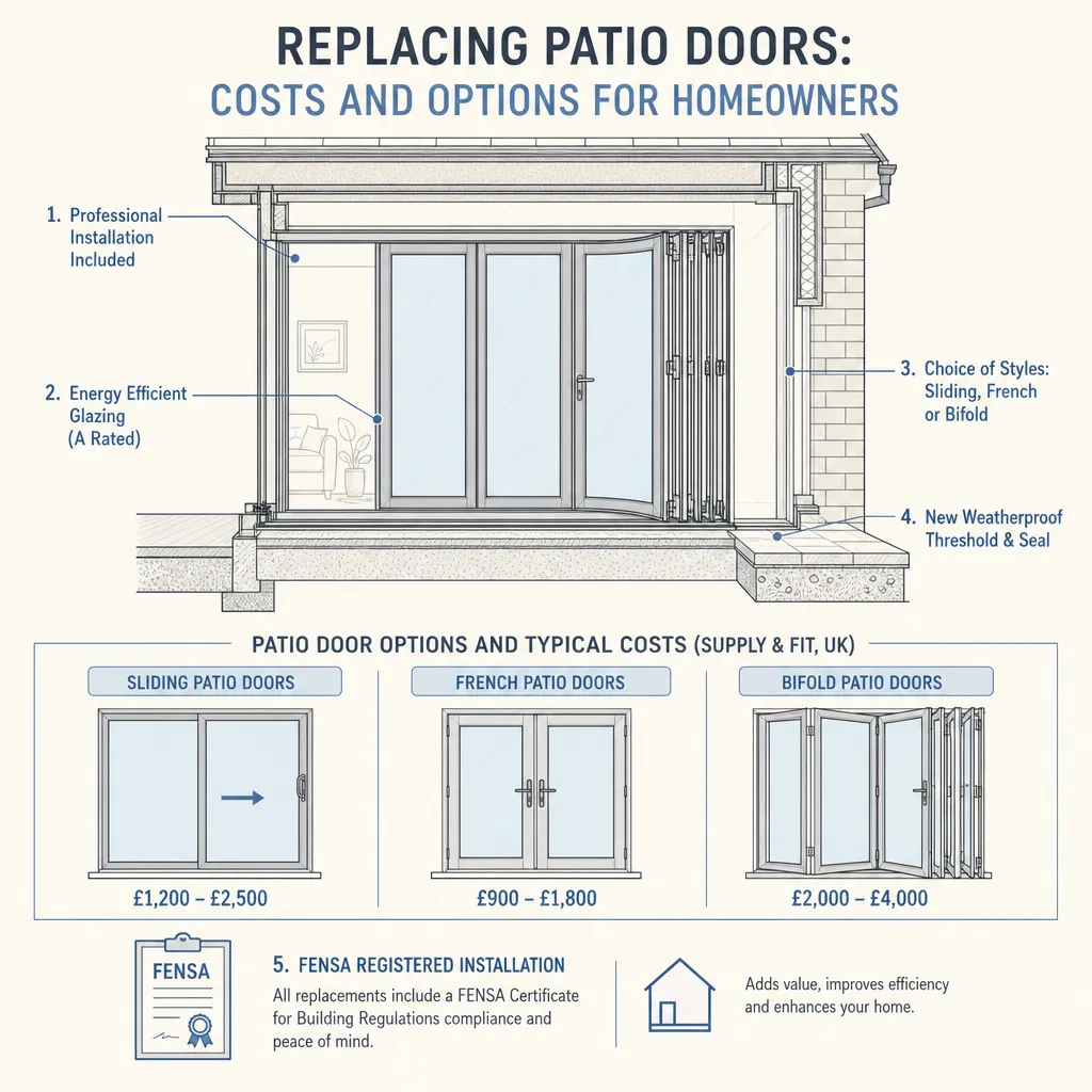 Diagram illustrating: Replacing Patio Doors: Costs and Options for Homeowners