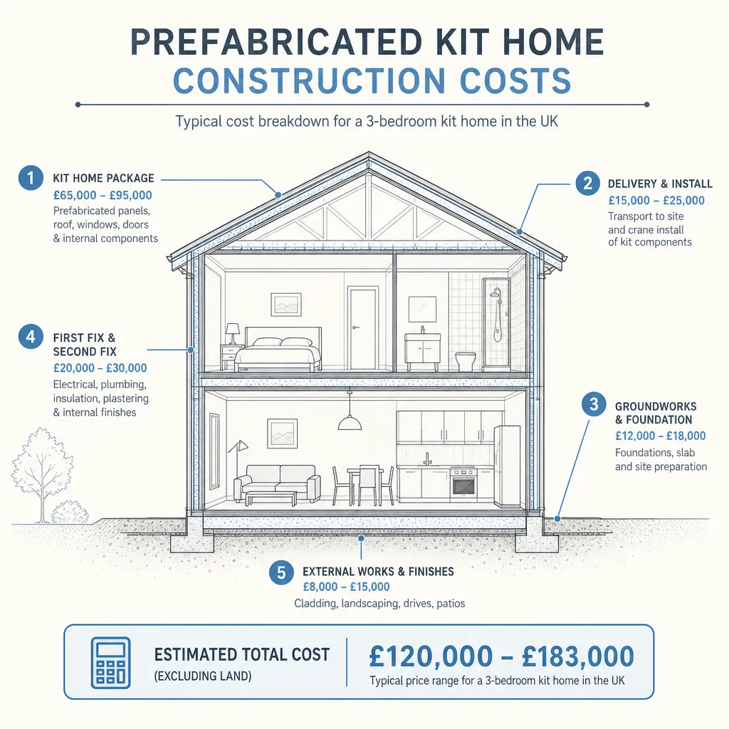 Diagram illustrating: Prefabricated Kit Home Construction Costs