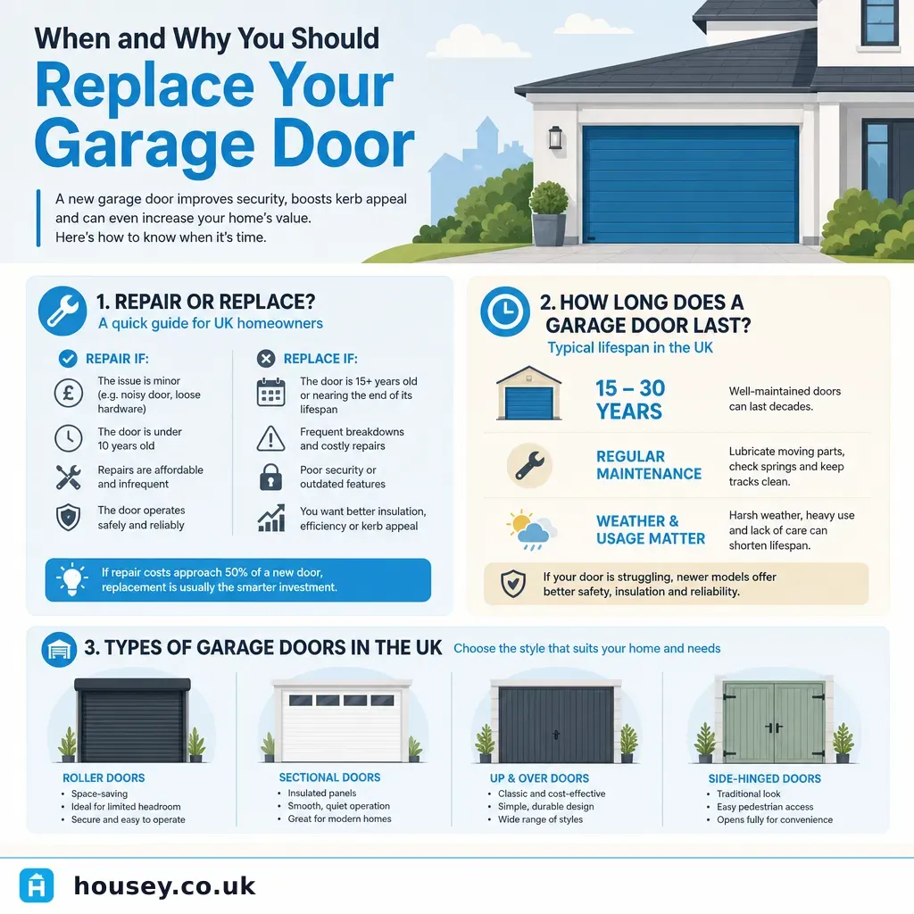 Infographic illustrating: When and Why You Should Replace Your Garage Door