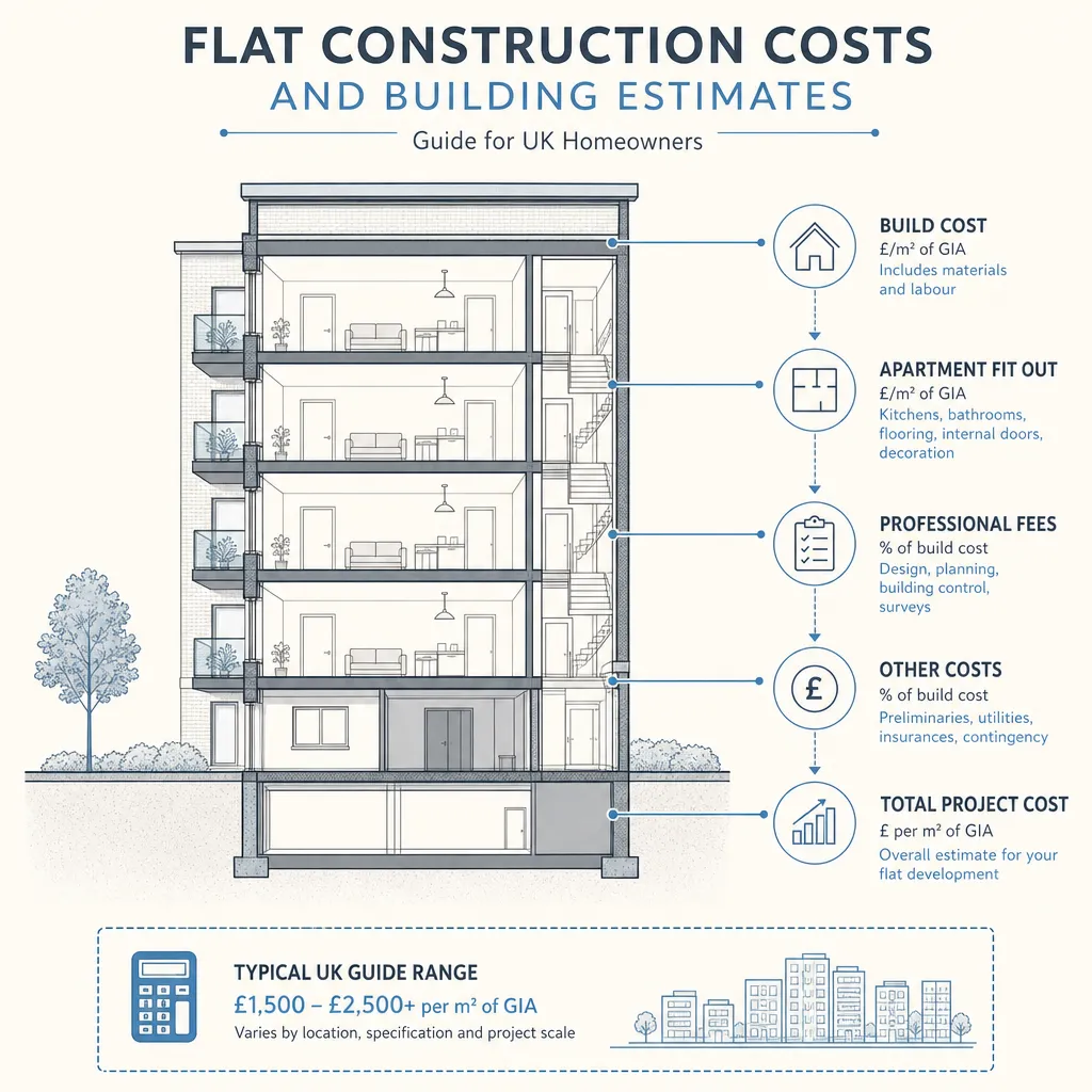 Diagram illustrating: Flat Construction Costs and Building Estimates
