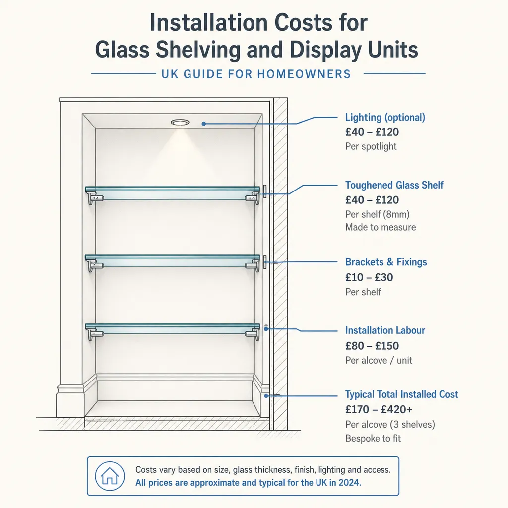 Diagram illustrating: Installation Costs for Glass Shelving and Display Units