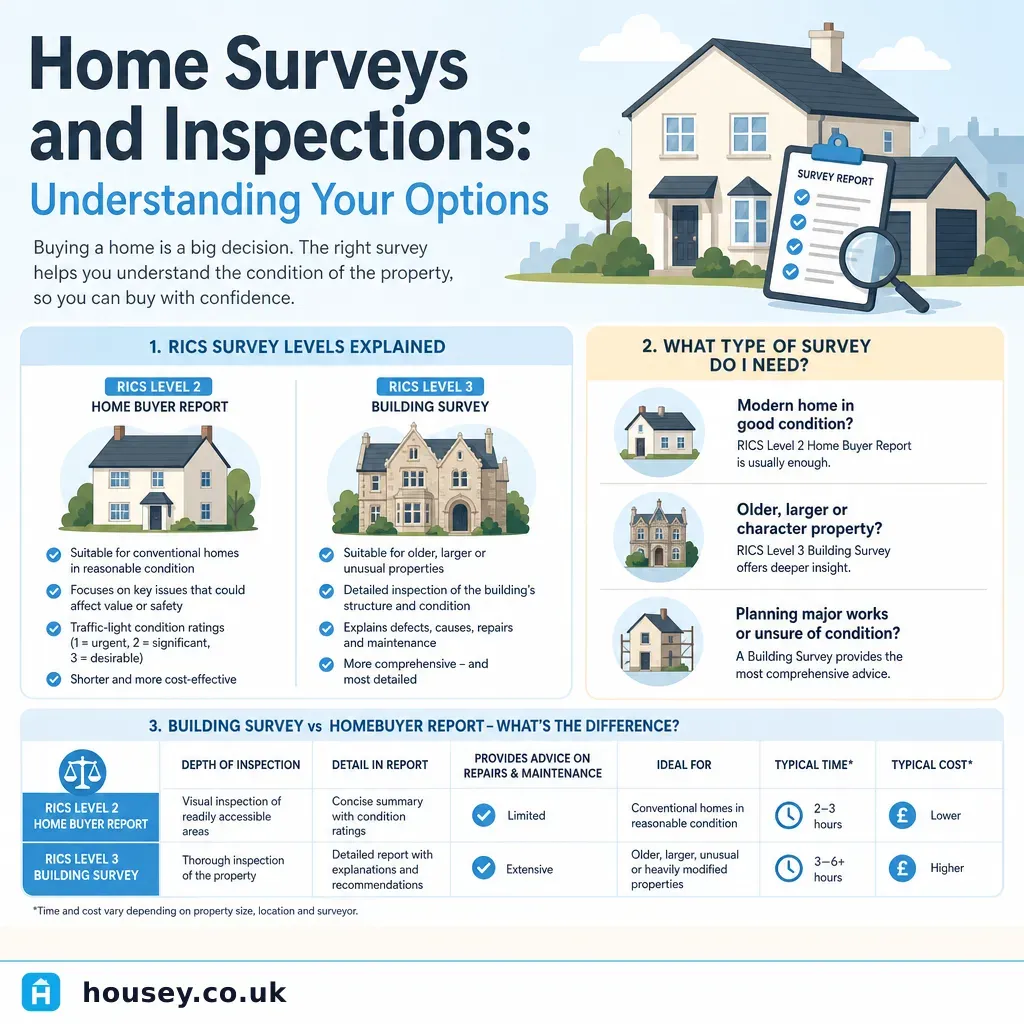 Infographic illustrating: Home Surveys and Inspections: Understanding Your Options