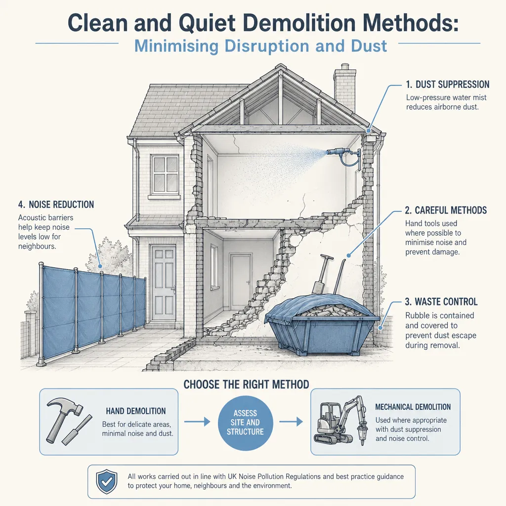 Diagram illustrating: Clean and Quiet Demolition Methods: Minimising Disruption and Dust