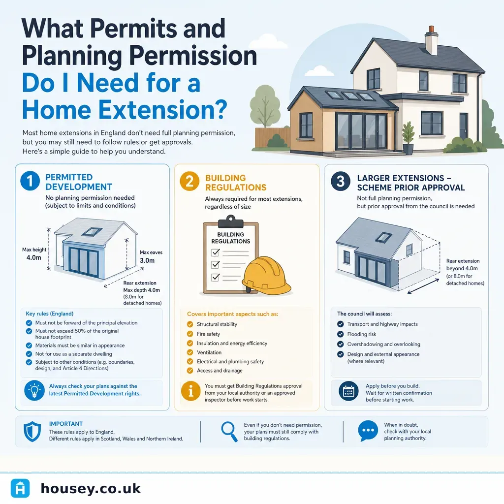Infographic illustrating: What Permits and Planning Permission Do I Need for a Home Extension?