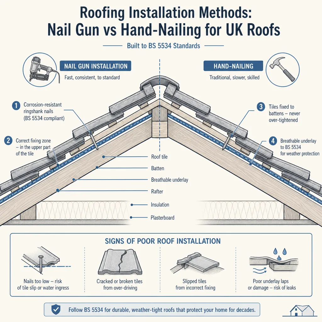 Diagram illustrating: Roofing Installation Methods: Nail Gun vs Hand-Nailing for UK Roofs