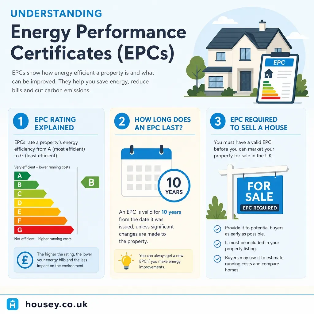 Infographic illustrating: Understanding Energy Performance Certificates (EPCs)