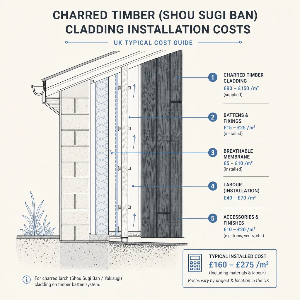 Diagram illustrating: Charred Timber (Shou Sugi Ban) Cladding Installation Costs