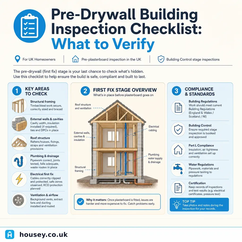 Infographic illustrating: Pre-Drywall Building Inspection Checklist: What to Verify