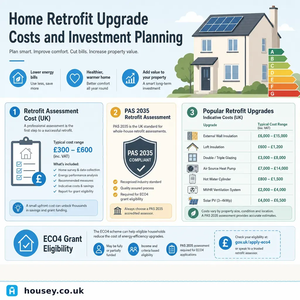 Infographic illustrating: Home Retrofit Upgrade Costs and Investment Planning