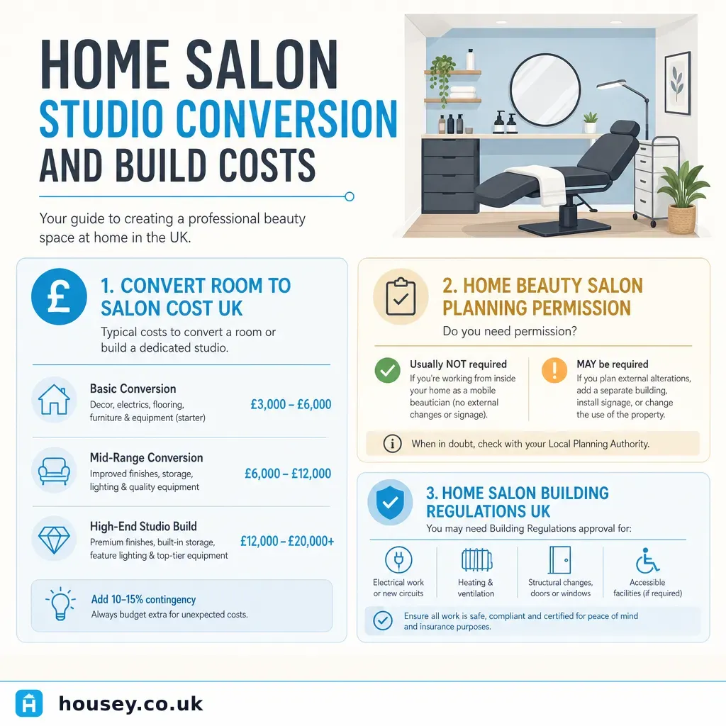 Infographic illustrating: Home Salon Studio Conversion and Build Costs