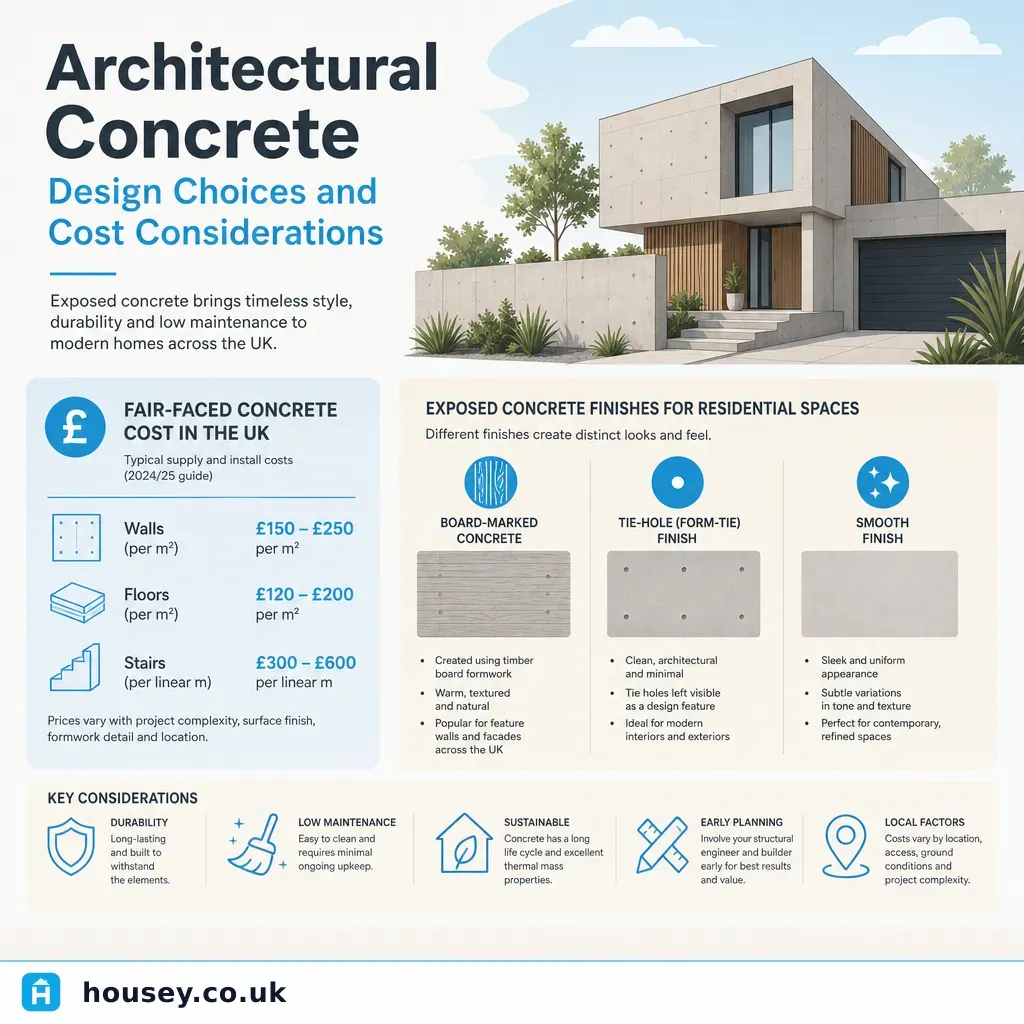 Infographic illustrating: Architectural Concrete: Design Choices and Cost Considerations