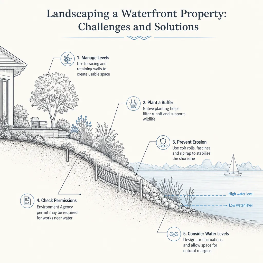 Diagram illustrating: Landscaping a Waterfront Property: Challenges and Solutions